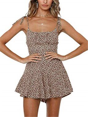 Boho Floral Wide Leg Romper Smocked Spaghetti Strap Jumpsuit Khaki Summer
